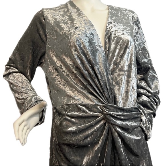 Silver Stretch Crushed Velvet Cocktail Party Midi Dress Ruched Waist, Sz12 - Picture 3 of 12